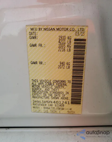 2015 Nissan Altima 2.5 из США, поврежденный, VIN 1N4AL3AP6FN401241